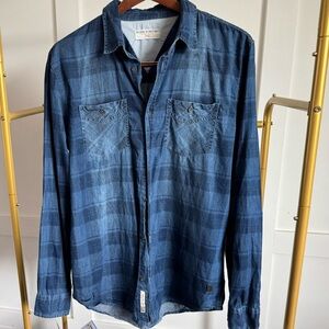 Triple Five Soul Denim Plaid Button Up Shirt Blue Casual Men Sz L